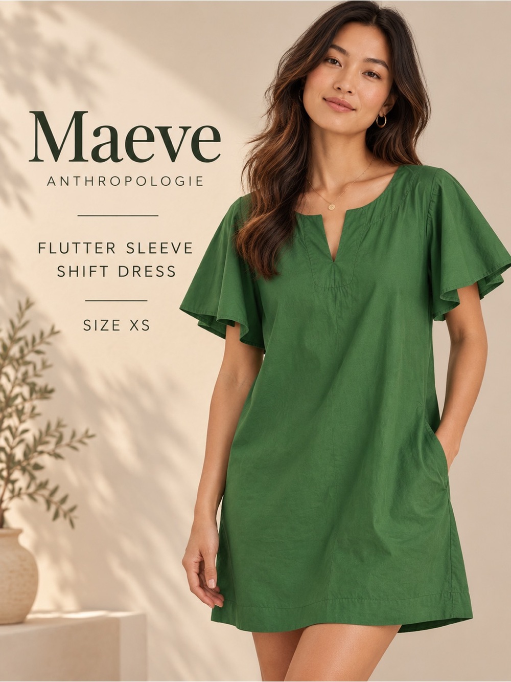 Maeve Anthropologie Green Flutter Sleeve Shift Mini Dress Size XS